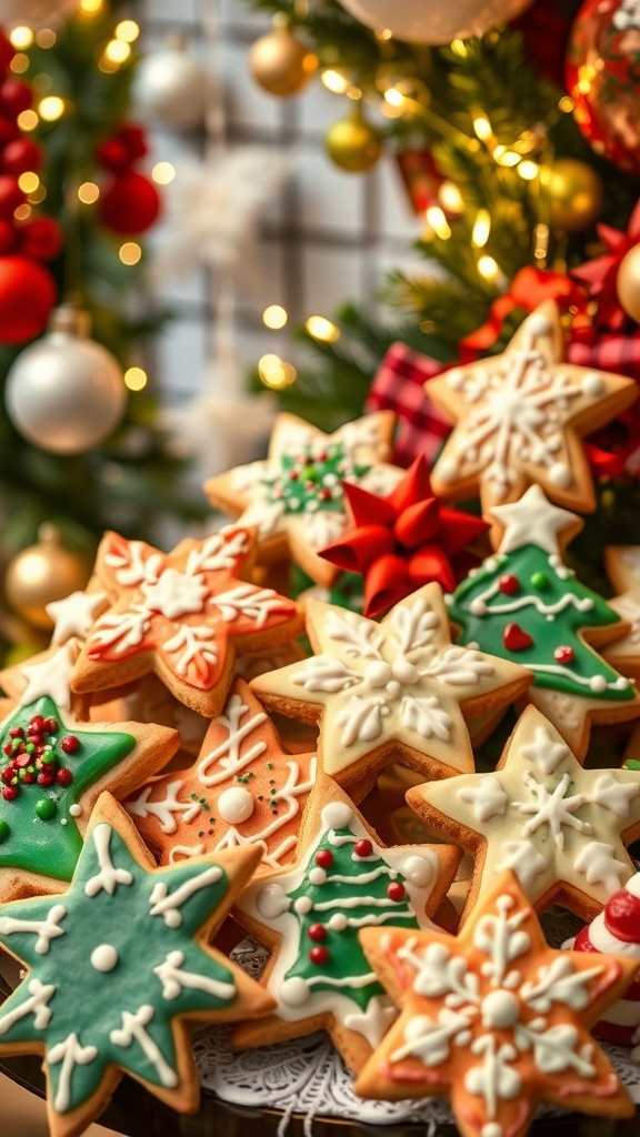 A variety of decorated Christmas cookies in festive shapes on a table with holiday decorations.